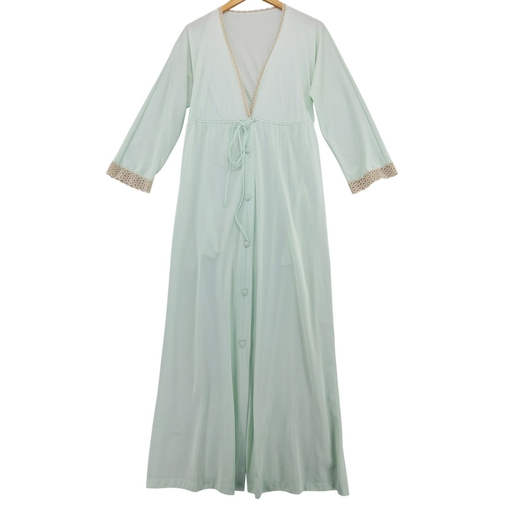 Vintage Vanity Fair Robe Sz L 36 Mint Green Lace Trim Long Sleeve Button Front